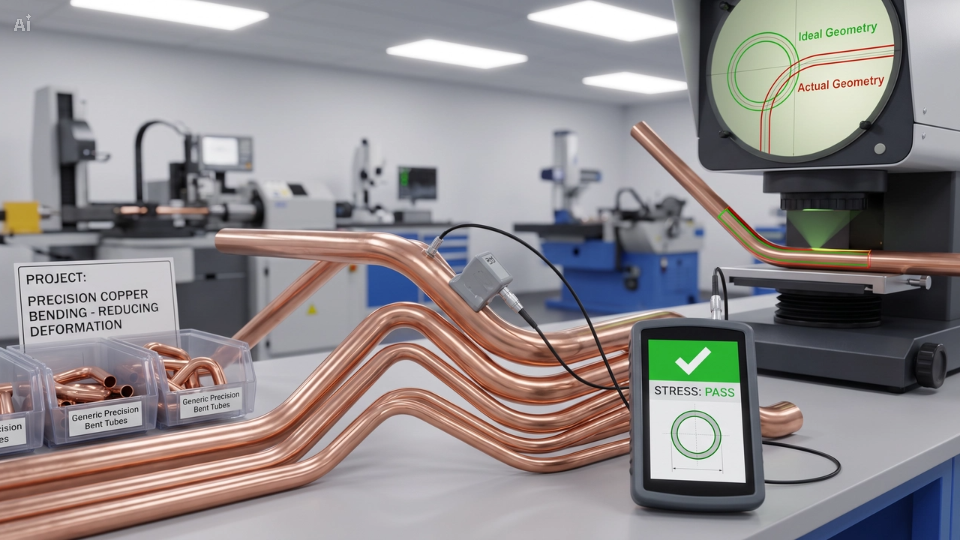 Generic close-up showing advanced quality control validating flawless, complex copper tube bends with 'STRESS: PASS' digital results.